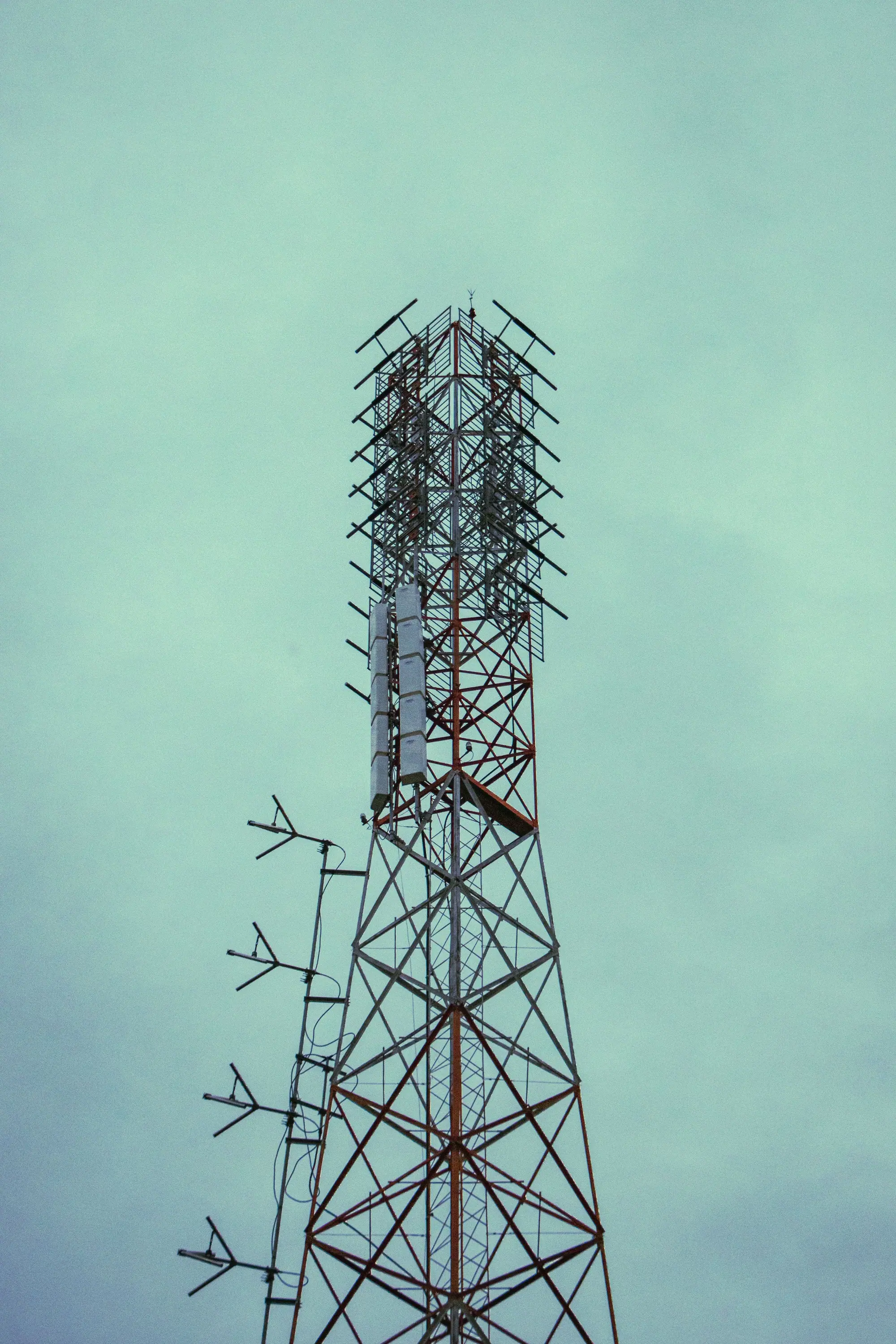 Lattice radio tower with a panel antenna against an overcast sky